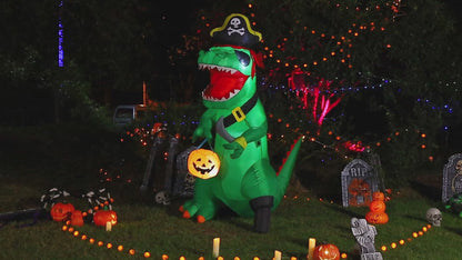 GOOSH 7 FT Halloween Inflatables Dinosaur Outdoor Decorations Blow Up Yard Pirate Dinosaur with Pumpkin Decoration with Built-in LEDs for Indoor Party Garden Lawn Decor