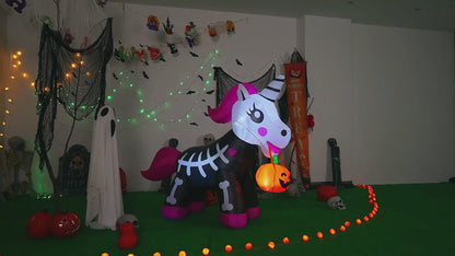 GOOSH 5 FT Halloween Inflatables Skeleton Unicorn Outdoor Decorations Blow Up Yard Pink Cute with Built-in LEDs for Indoor Party Garden Lawn Decor