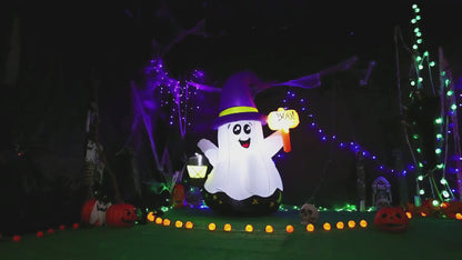 GOOSH 5 FT Halloween Inflatables Ghost Outdoor Decorations Blow Up Yard Cute Wizard Ghost with Hand-Held Light with Built-in LEDs for Garden Lawn Indoor Party Decor