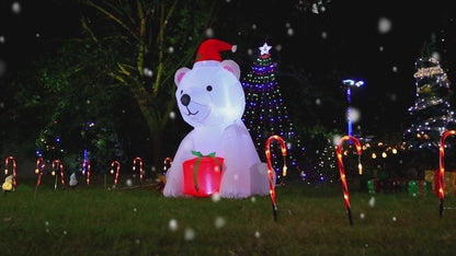 GOOSH 5 Ft Christmas Inflatable Bear Outdoor Decorations Blow Up Yard A White Bear Holding a Present with Built-in LEDs for Indoor Party Garden Lawn Decor