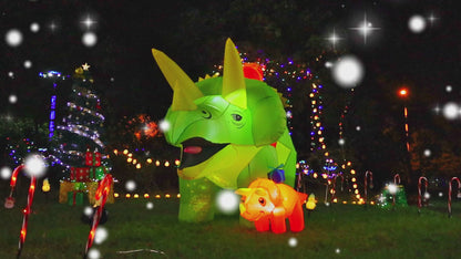GOOSH 7.5 FT Length Christmas Inflatables Dinosaur Outdoor Decorations Blow Up Green Triceratops with Baby Dino Yard Decorations with Built-in LED Lights for Garden Lawn Outdoor Yard Xmas