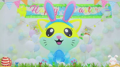 Goosh 5 FT Easter Inflatables Cat with Eggs Outdoor Decorations Blow Up Yard Rabbit Ears with Built-in LEDs for Indoor Party Garden Lawn Decor