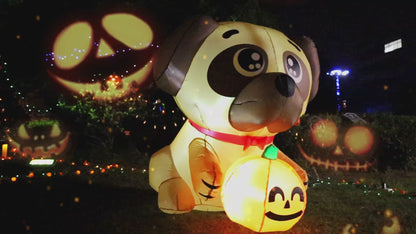 GOOSH 5 FT Halloween Inflatables Dog Outdoor Yard Decorations Blow Up Pug Holding Pumpkin with Built-in LEDs for Indoor Party Garden Lawn Decor