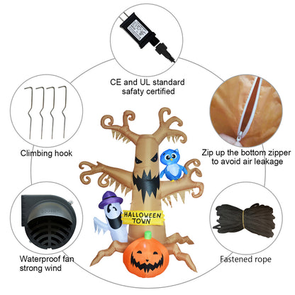 GOOSH 8 Foot High Halloween Blow Up Inflatables Dead Tree with White Ghost,Pumpkin and Owl for Halloween Yard Outdoor Decorations