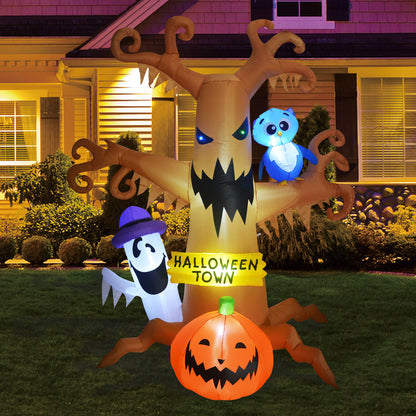 GOOSH 8 Foot High Halloween Blow Up Inflatables Dead Tree with White Ghost,Pumpkin and Owl for Halloween Yard Outdoor Decorations