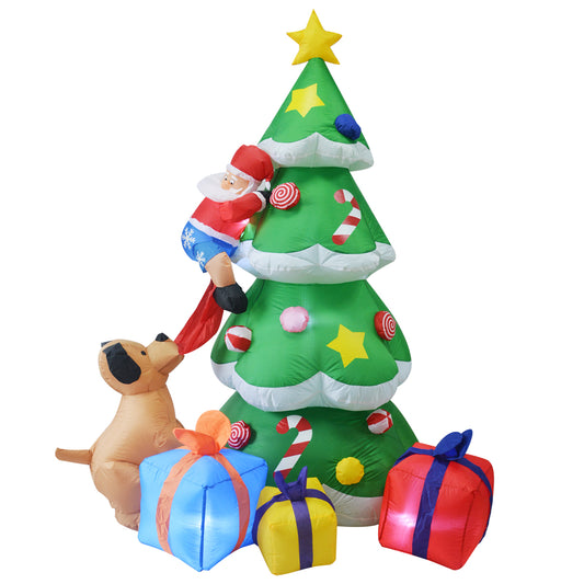 GOOSH 7FT Inflatables Lighted Christmas Tree, Dog Chasing Santa Claus, Blow Up Cute Funny Indoor Outdoor Xmas Decor Lawn Yard Garden Decorations
