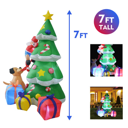 GOOSH 7FT Inflatables Lighted Christmas Tree, Dog Chasing Santa Claus, Blow Up Cute Funny Indoor Outdoor Xmas Decor Lawn Yard Garden Decorations