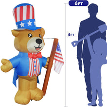 Load image into Gallery viewer, 6 ft Tall Independence Day Inflatable Bow Tie Bear with Star Spangled Top Hat and American Flag Blowup Decor with Build-in LED Lights for Party Indoor,Outdoor,Yard,Garden,Lawn Decorations
