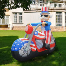 Load image into Gallery viewer, 6 ft long Patriotic Independence Day Inflatable Uncle Sam Sitting on Motorcycle Blowup Inflatables with Build-in LED Lights for Party Indoor,Outdoor,Yard,Garden,Lawn Decorations 5 Instructions
