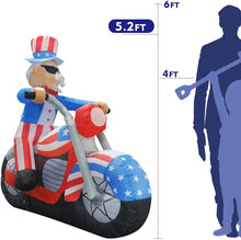 Load image into Gallery viewer, 6 ft Tall Patriotic Independence Day Inflatable Uncle Sam Sitting on Motorcycle Blowup Inflatables with Build-in LED Lights for Party Indoor,Outdoor,Yard,Garden,Lawn Decorations 5 Instructions
