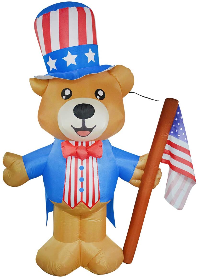 6 ft Tall Independence Day Inflatable Bow Tie Bear with Star Spangled Top Hat and American Flag Blowup Decor with Build-in LED Lights for Party Indoor,Outdoor,Yard,Garden,Lawn Decorations