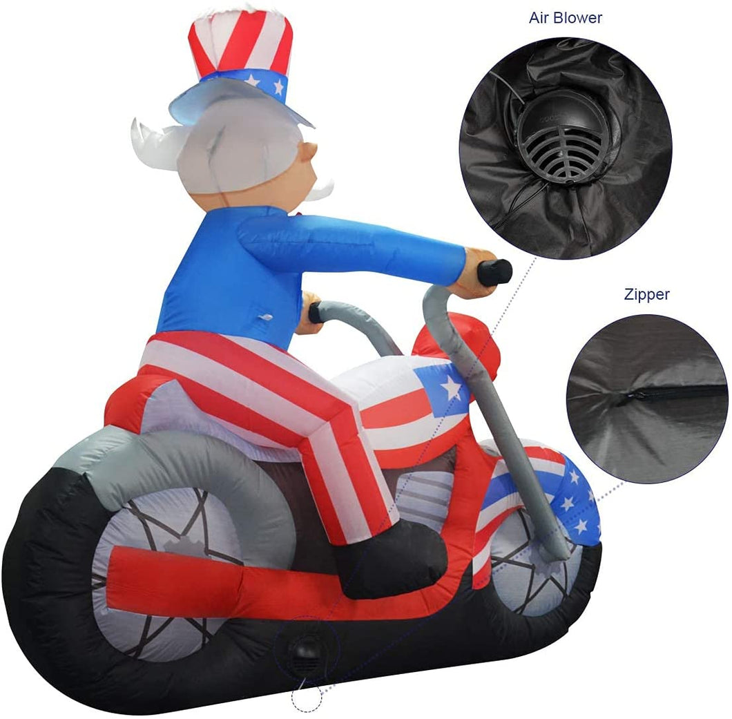 6 ft Tall Patriotic Independence Day Inflatable Uncle Sam Sitting on Motorcycle Blowup Inflatables with Build-in LED Lights for Party Indoor,Outdoor,Yard,Garden,Lawn Decorations 5 Instructions