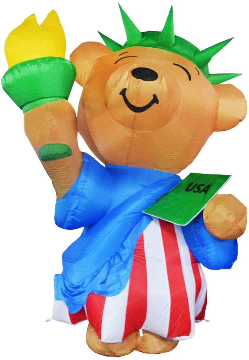 6 ft Tall Patriotic Independence Day Inflatable American Bear with Torch and USA Book Blowup Inflatables with Build-in LED Lights for Party Indoor,Outdoor,Yard,Garden,Lawn Decorations