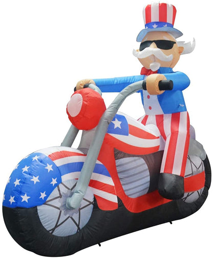 GOOSH 6 ft long Patriotic Independence Day Inflatable Uncle Sam Sitting on Motorcycle Blowup Inflatables with Build-in LED Lights for Party Indoor,Outdoor,Yard,Garden,Lawn Decorations 5 Instructions