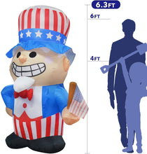 Load image into Gallery viewer, 6.3 ft Tall Independence Day Inflatable Uncle Sam with Star Spangled Top Hat and American Flag Blowup Inflatables with Build-in LED Lights for Party
