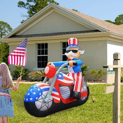GOOSH 6 ft long Patriotic Independence Day Inflatable Uncle Sam Sitting on Motorcycle Blowup Inflatables with Build-in LED Lights for Party Indoor,Outdoor,Yard,Garden,Lawn Decorations 5 Instructions