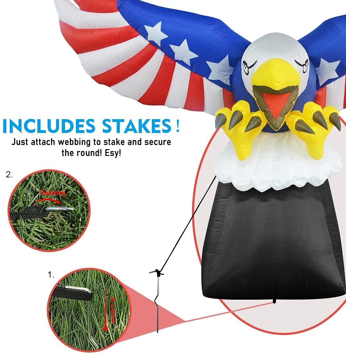 GOOSH 6 FT Tall Patriotic Independence Day 4th of July Inflatable American Flying Bald Eagle Blow Up Inflatables with Build-in LED Lights for Party Indoor,Outdoor,Yard,Garden,Lawn Decorations
