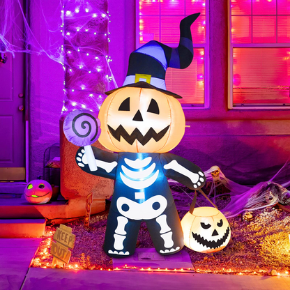 GOOSH 6 FT Height Halloween Inflatable Outdoor Pumpkin with Skull Body, Blow Up Yard Decoration Clearance with LED Lights Built-in for Holiday/Party/Yard/Garden