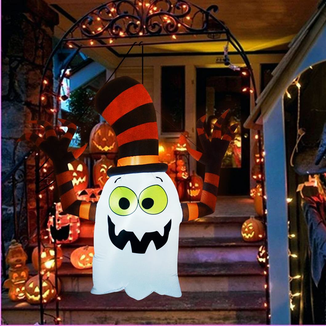 5 FT Halloween Decorations Inflatable Hanging Ghost with Striped Wizard Hat Built-in with Bright LED Light, Indoor/Outdoor, Yard, Garden, Patio, Lawn Halloween Blow Ups Decoration