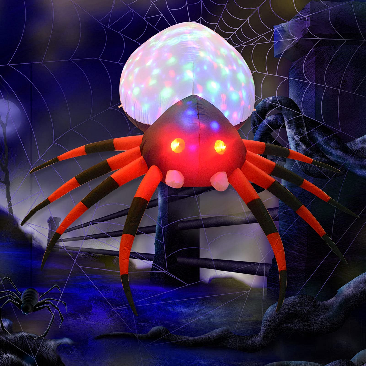 GOOSH 8 FT Width Halloween Inflatables Outdoor Spider with Magic Light, Blow Up Yard Decoration Clearance with LED Lights Built-in for Holiday/Party/Yard/Garden