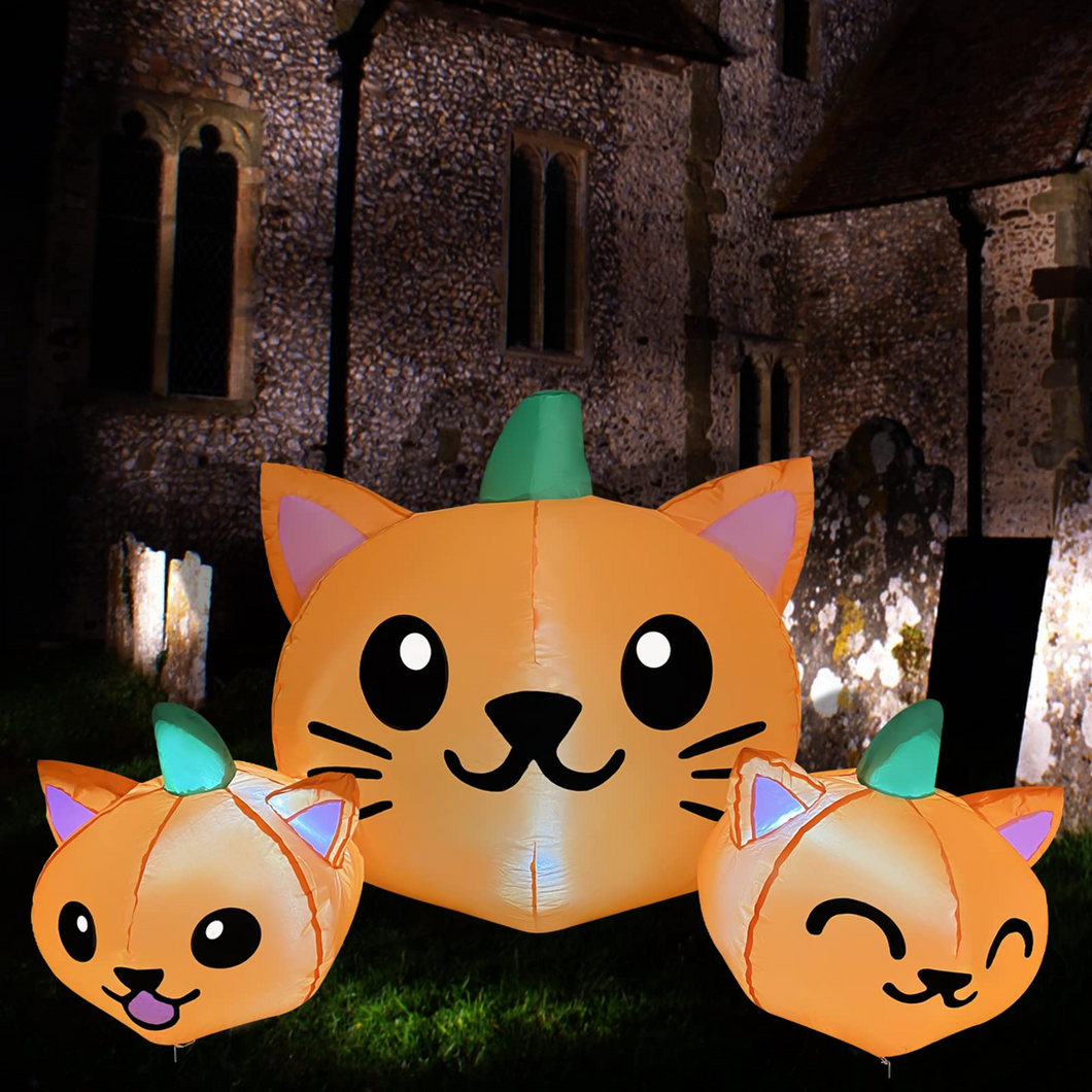 Halloween Inflatable 4FT Long Three Pumpkin Cat Head Combo with Built-in LEDs Blow Up Yard Decoration for Holiday Party Indoor, Outdoor, Yard, Garden, Lawn