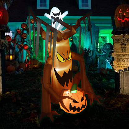 8-Foot Halloween Inflatable Decoration Giant Sitting Monster Tree Holding Pumpkin with Ghost on Top Built-in LED Light, Indoor/Outdoor, Yard, Garden, Patio, Lawn Halloween Blow Up Decor