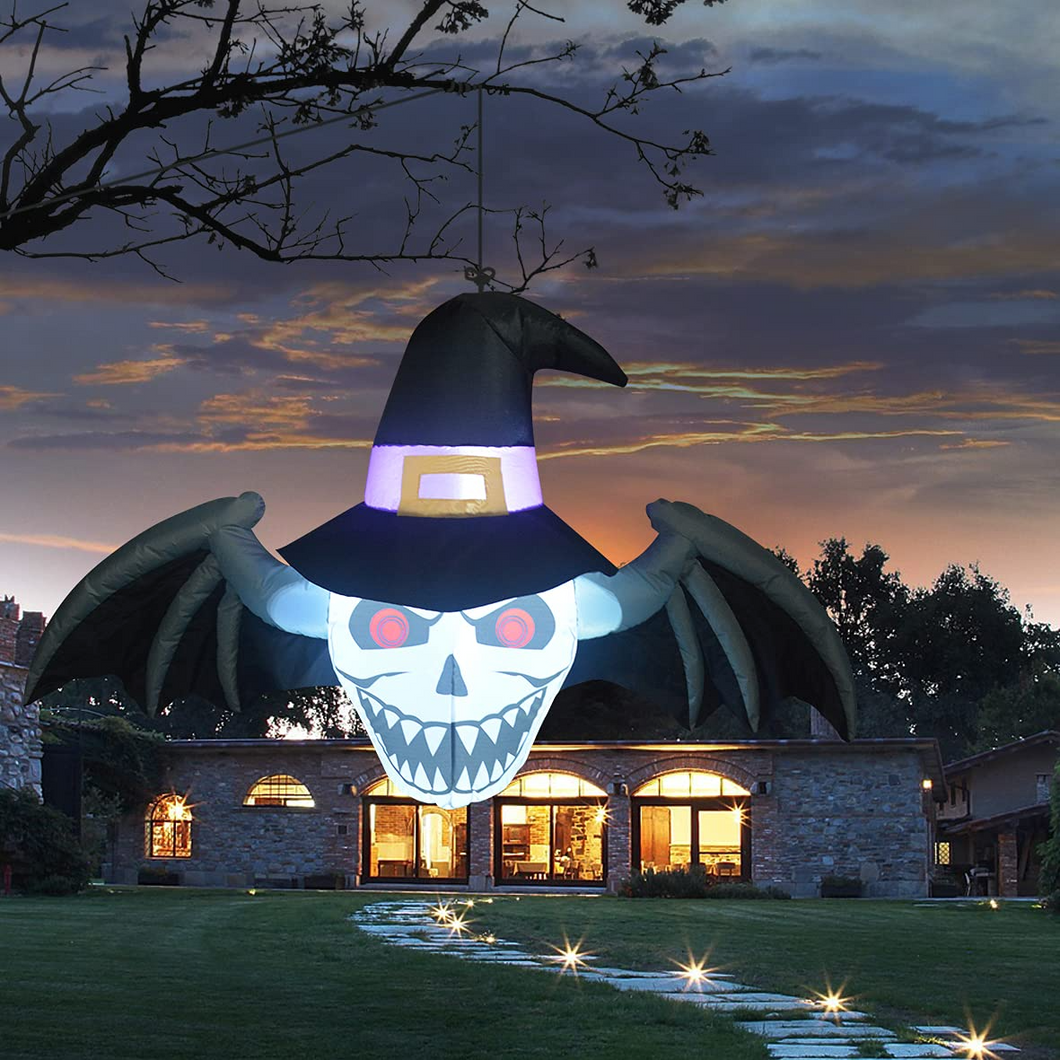 4-Foot Halloween Inflatable Decoration Hanging Skull Head with Bat Wing Witch Hat Built-in with LED Light, Indoor/Outdoor, Yard, Garden, Lawn Halloween Blow Up Party Décor