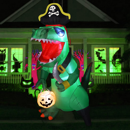 GOOSH 7 FT Halloween Inflatables Dinosaur Outdoor Decorations Blow Up Yard Pirate Dinosaur with Pumpkin Decoration with Built-in LEDs for Indoor Party Garden Lawn Decor