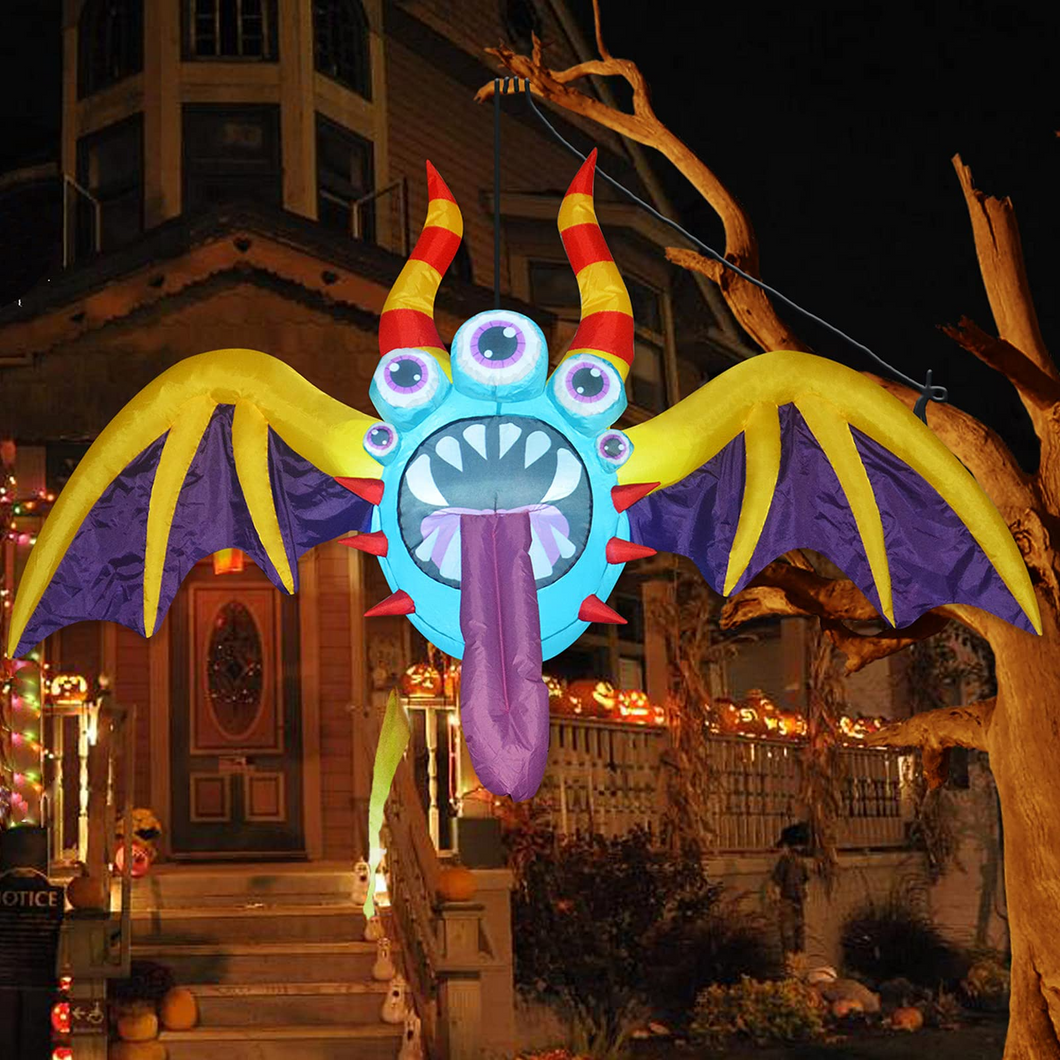 GOOSH 4.4 FT Wide Halloween Inflatable Hanging Bat with 5 Eyes Blow Up Yard Decoration Clearance with LED Lights Built-in for Holiday/Party/Yard/Garden