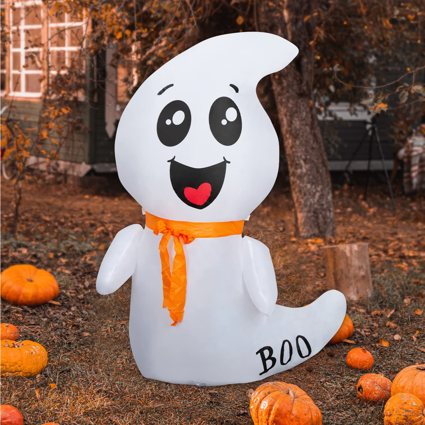 GOOSH 4 FT Halloween Inflatable Outdoor White Cute Ghost with Build-in LEDs Blow Up Inflatables for Halloween Party Indoor Outdoor Yard Garden Lawn Decorations