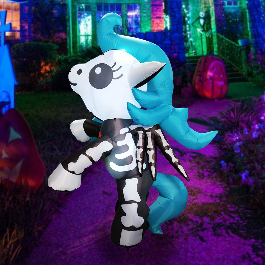 GOOSH 5 FT Height Halloween Inflatables Outdoor Blue Skeleton Unicorn with Wings, Blow Up Yard Decoration Clearance with LED Lights Built-in for Holiday/Christmas/Party/Yard/Garden