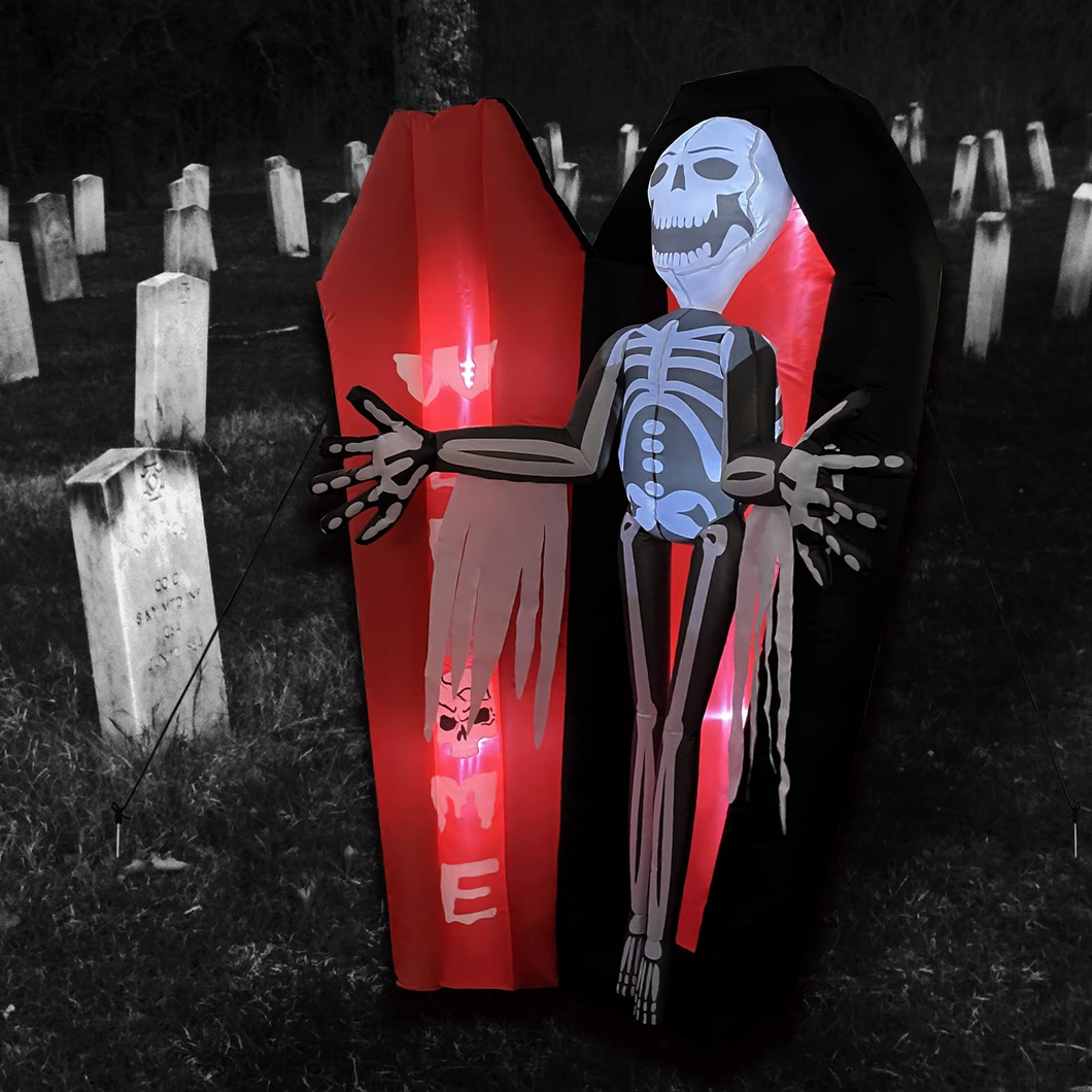 Halloween Inflatable 6FT Coffin Skeleton Skull with Built-in LEDs Blow Up Yard Decoration for Holiday Party Indoor, Outdoor, Yard, Garden, Lawn