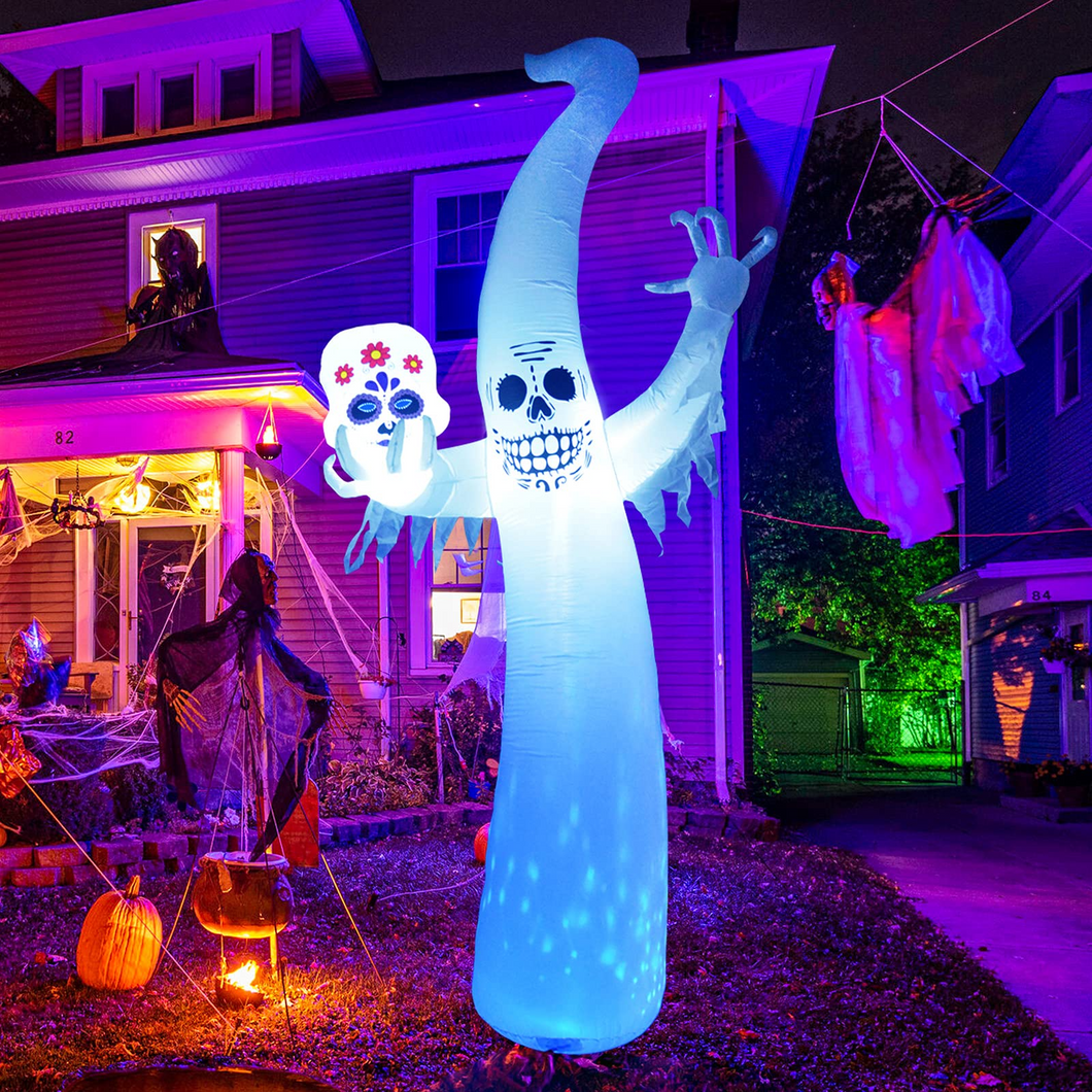 GOOSH 12 FT Halloween Inflatables Smiling Spooky Ghost with Magic Rotating Light Blow Up Inflatable for Halloween day of the dead Party Indoor Outdoor Yard, Garden