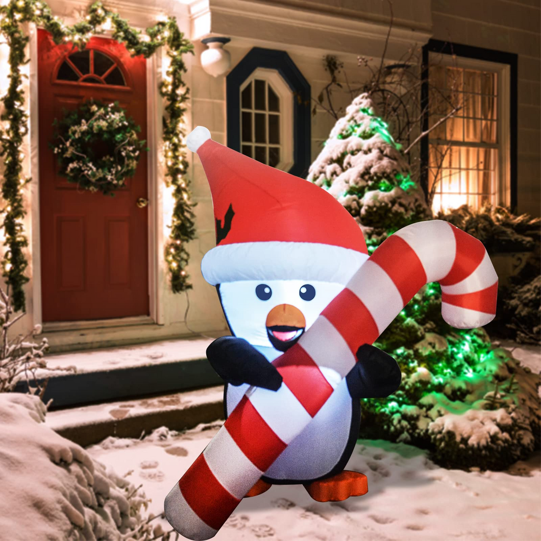 5FT Christmas Inflatables Penguin Holding Candy Cane with Bright LED Light Yard Decoration, Chirstmas Inflatables Decoration Clearance for Xmas Party,Indoor,Outdoor,Garden,Yard Lawn