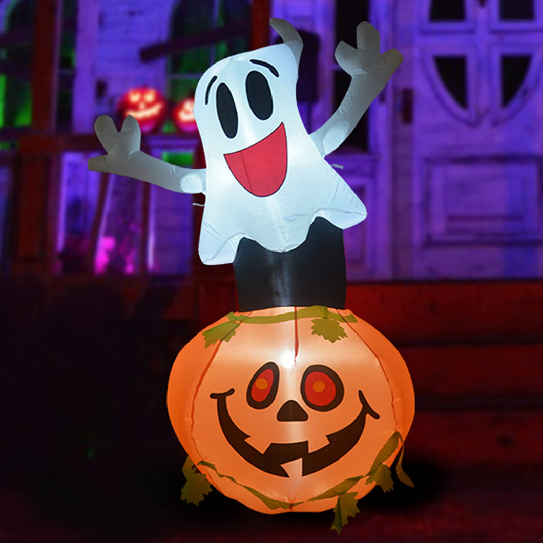 GOOSH 5 FT Tall Halloween Inflatable Cute Ghost Pumpkin with Witch Hat with Build-in LEDs Blow Up for Halloween Party Decorations Halloween Indoor Outdoor