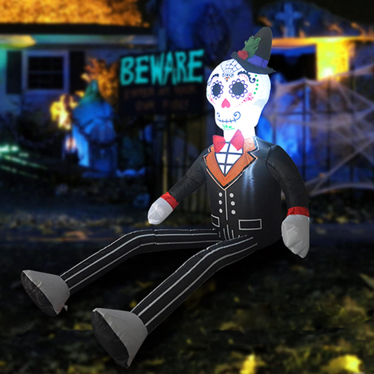 GOOSH 4 FT Halloween Inflatable Gentleman Sitting Ghost Curved Legs with LED Lights Built-in for Holiday Day of The Dead Party Yard Garden