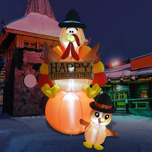 GOOSH 6 FT Thanksgiving Inflatables Turkey Outdoor Decorations Blow Up Yard Turkey on Pumpkin with Turkey Baby with Built-in LEDs for Indoor Party Garden Lawn Decor
