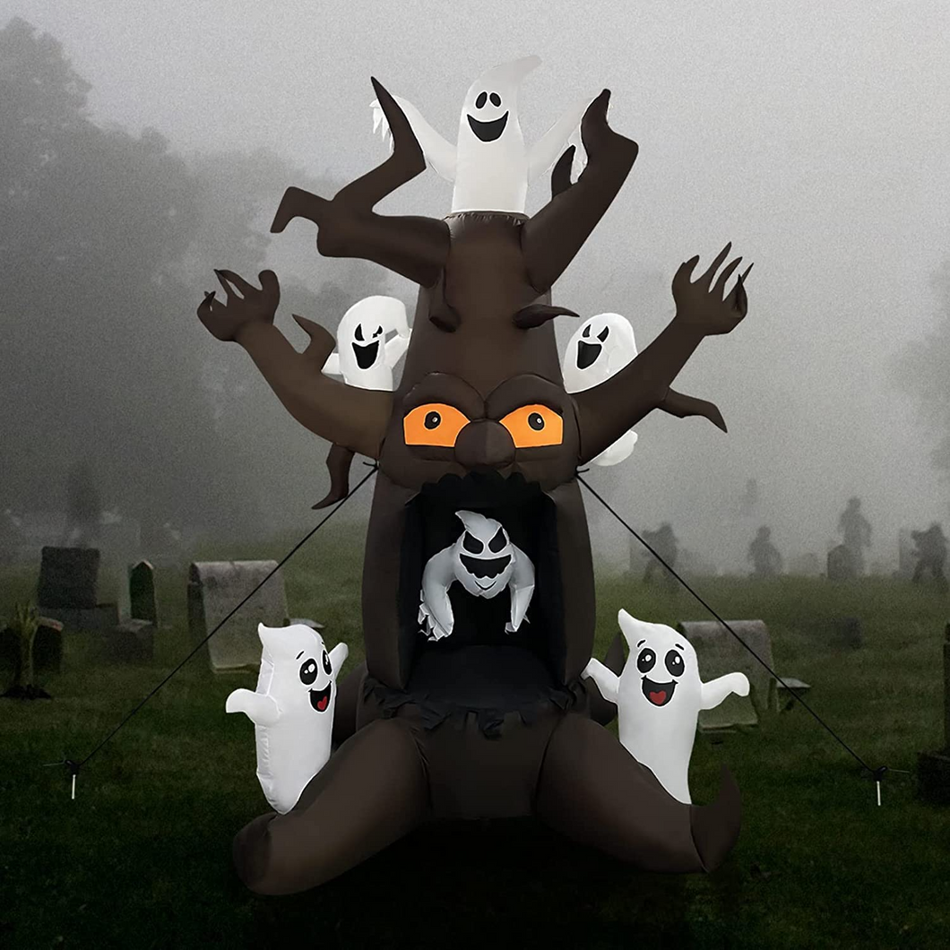 GOOSH 8 FT Halloween Inflatable Outdoor Dead Tree with Six White Ghosts, Blow Up Yard Decoration Clearance with LED Lights Built-in for Holiday/Party/Yard/Garden