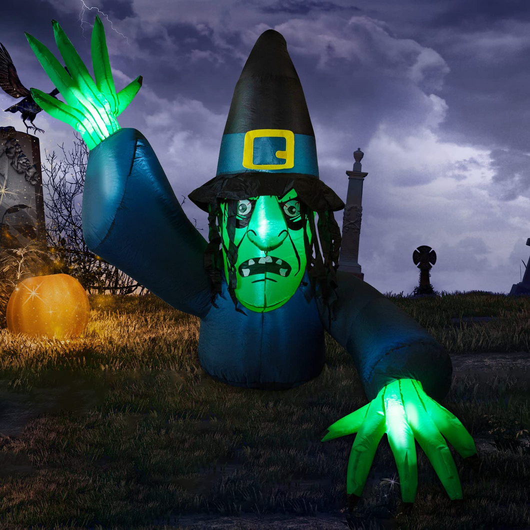 GOOSH 5 FT Height Halloween Inflatables Green Face Witch with Wizard hat, Blow Up Yard Decoration Clearance with LED Lights Built-in for Holiday/Party/Yard/Garden