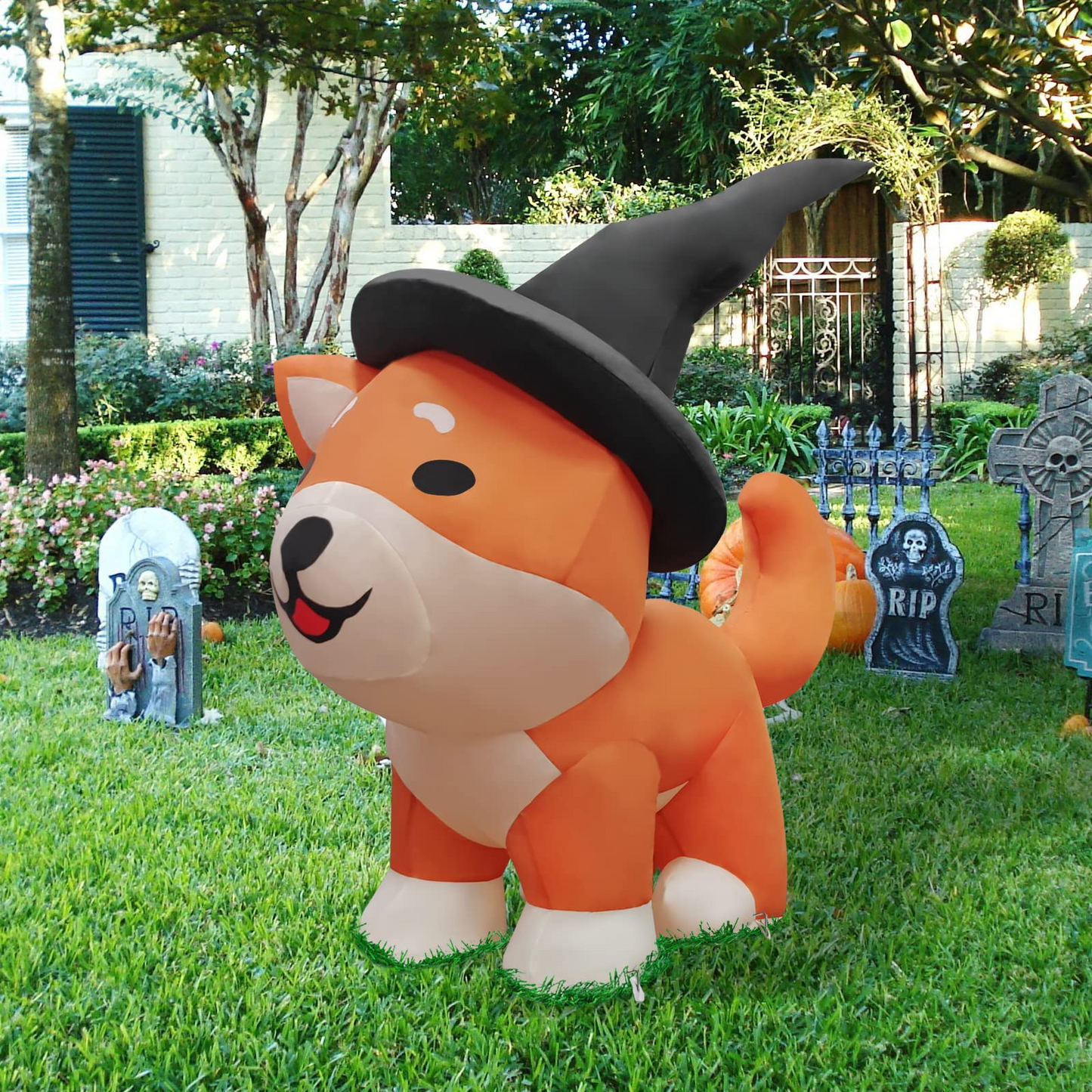 GOOSH 4 FT Halloween Inflatables Dog Outdoor Decorations Blow Up Yard Wizard Shiba Inu Dog with Built-in LEDs for Indoor Party Garden Lawn Decor