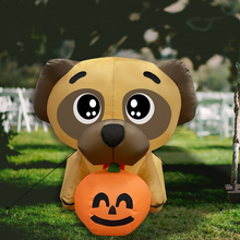 Load image into Gallery viewer, Halloween Inflatable 4FT Pug Dog Holding Pumpkin with Built-in LEDs Blow Up Yard Decoration for Holiday Party Indoor, Outdoor, Yard, Garden, Lawn
