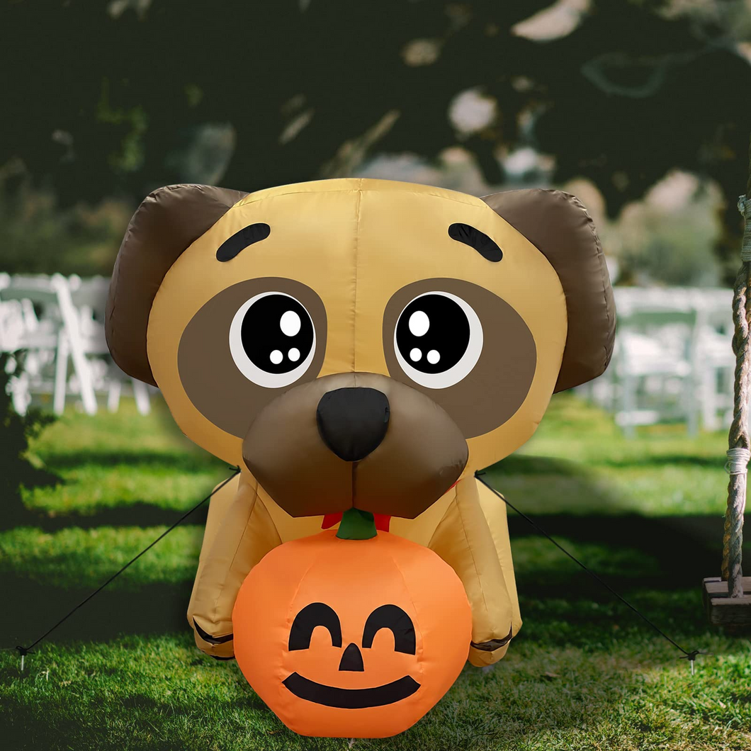 Halloween Inflatable 4FT Pug Dog Holding Pumpkin with Built-in LEDs Blow Up Yard Decoration for Holiday Party Indoor, Outdoor, Yard, Garden, Lawn