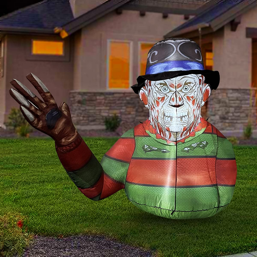 GOOSH 5 FT Height Halloween Inflatables Outdoor Zombie Man in hat with Hand Raising, Blow Up Yard Decoration Clearance with LED Lights Built-in for Holiday/Party/Yard/Garden