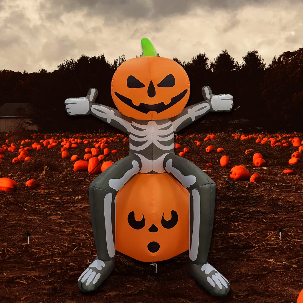 Halloween Inflatable 5FT Skull Skeleton Pumpkin Head with Built-in LEDs Blow Up Yard Decoration for Holiday Party Indoor, Outdoor, Yard, Garden, Lawn