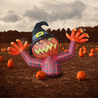 GOOSH 5.5 FT Height Halloween Inflatables Pumpkin Ghost with Witch Wizard hat, Blow Up Yard Clearance Decoration with Built-in LED Lights for Indoor/Outdoor Holiday/Party/Yard/Garden