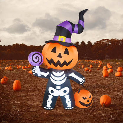 GOOSH 6 FT Height Halloween Inflatable Outdoor Pumpkin with Skull Body, Blow Up Yard Decoration Clearance with LED Lights Built-in for Holiday/Party/Yard/Garden