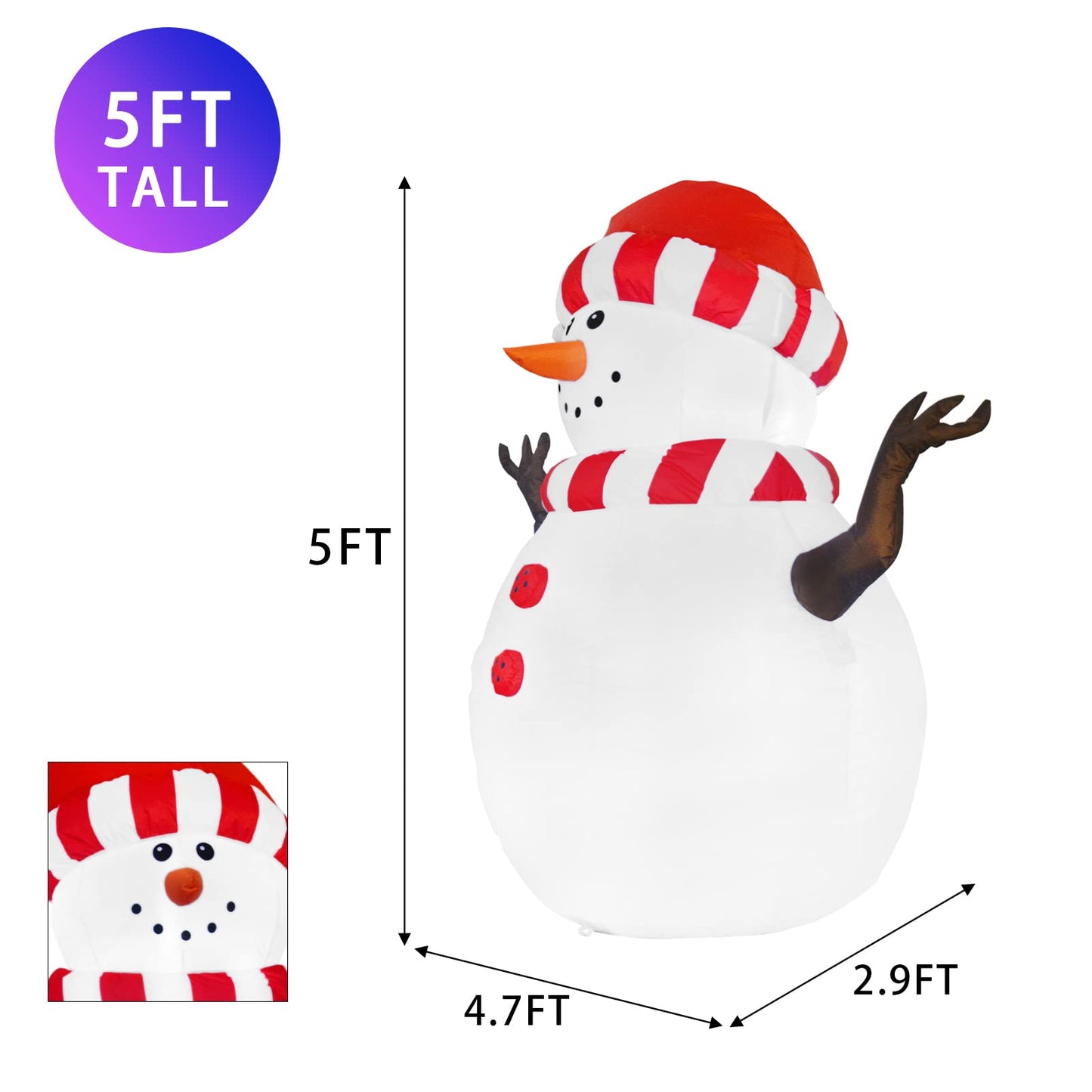 GOOSH Christmas Inflatables 5FT Snowman Wearing Striped Scarf Hat with Bright LED Light Yard Decoration,Christmas Inflatables Decorations Clearance for Xmas Party,Indoor,Outdoor,Garden,Yard Lawn