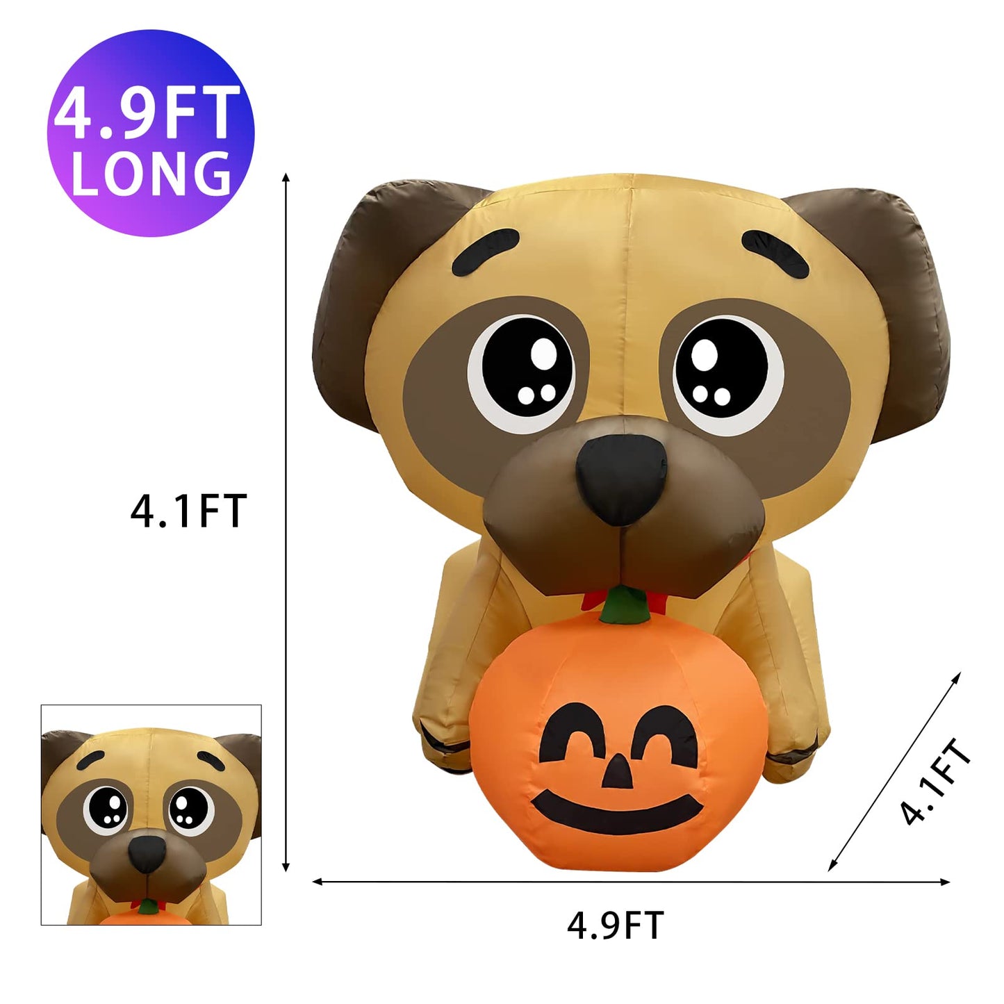 GOOSH 5 FT Halloween Inflatables Dog Outdoor Yard Decorations Blow Up Pug Holding Pumpkin with Built-in LEDs for Indoor Party Garden Lawn Decor