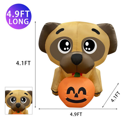 GOOSH 5 FT Halloween Inflatables Dog Outdoor Yard Decorations Blow Up Pug Holding Pumpkin with Built-in LEDs for Indoor Party Garden Lawn Decor