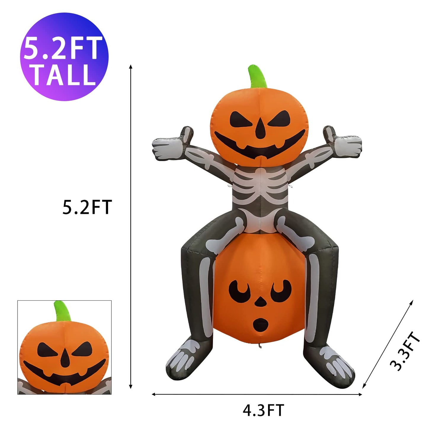 GOOSH Halloween Inflatable 5FT Skull Skeleton Pumpkin Head with Built-in LEDs Blow Up Yard Decoration for Holiday Party Indoor, Outdoor, Yard, Garden, Lawn